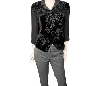 Vintage gala blouse silk Black‎ burnout Velvet Floral button small poetcore